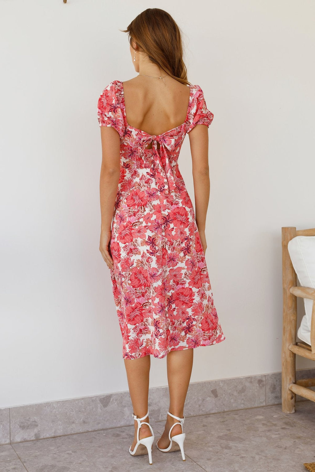 Puff Sleeve Lace Up Backless Slit Midi Dress