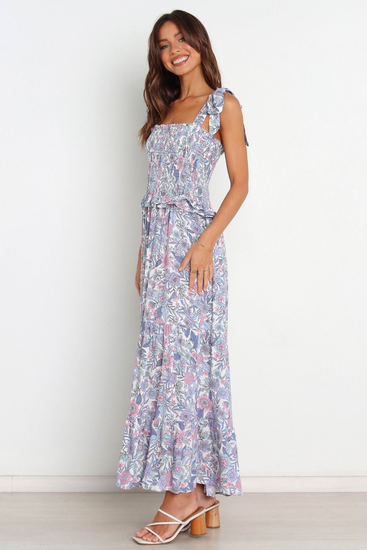 Smocked Elastic Lace Up Shoulder Cami Midi Dress