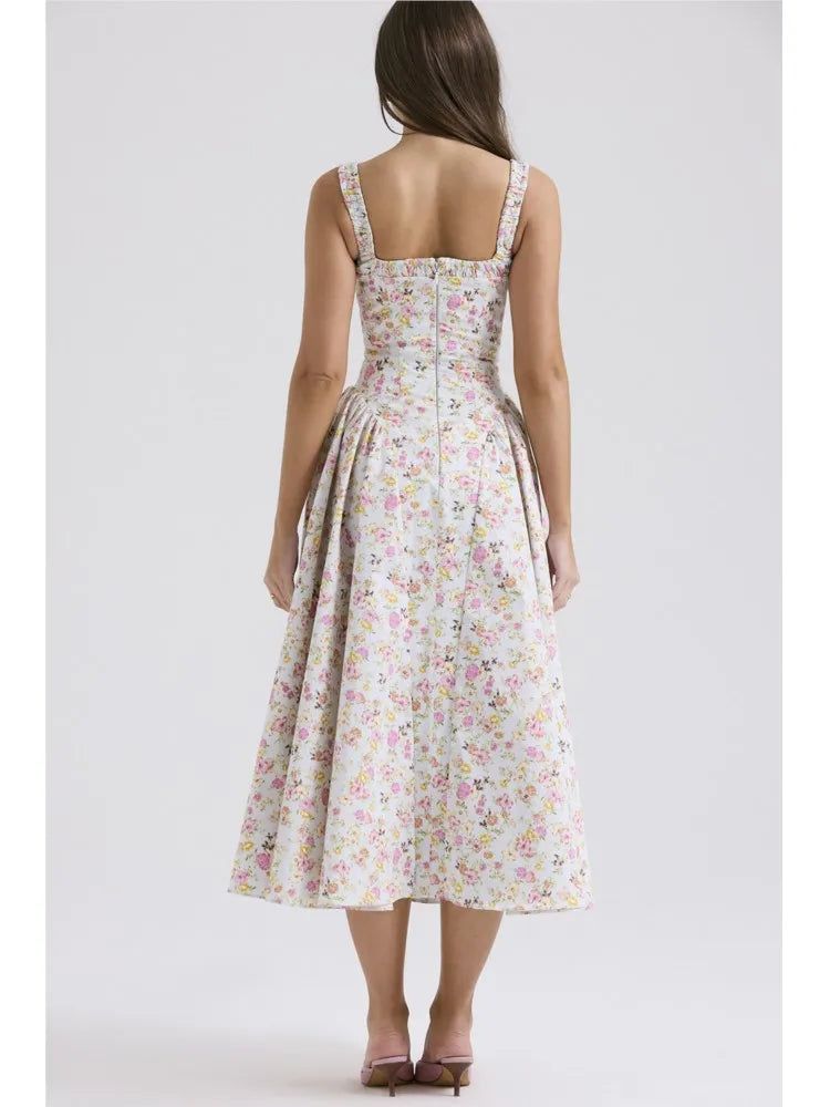 Flower Print Spaghetti Strap Dresses Backless Low Cut Folds Vacation Style Slim Midi Dress Female Vestidos