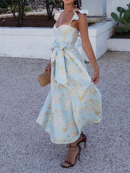 Flowers Print Sleeveless Long Dresses Low Cut Backless Bowknot Leace-up Slit Dress Temperament Lady Vestidos New