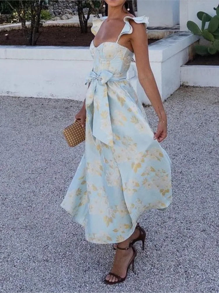 Flowers Print Sleeveless Long Dresses Low Cut Backless Bowknot Leace-up Slit Dress Temperament Lady Vestidos New