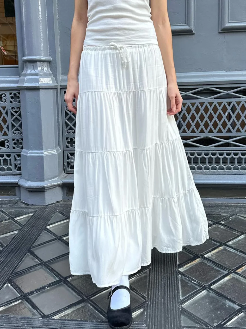 Folds Lace-up White Maxi Skirts Woman Summer High Waist A-line Loose Faldas Sweet Simple Preppy Style Long Skirt