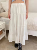 Folds Lace-up White Maxi Skirts Woman Summer High Waist A-line Loose Faldas Sweet Simple Preppy Style Long Skirt