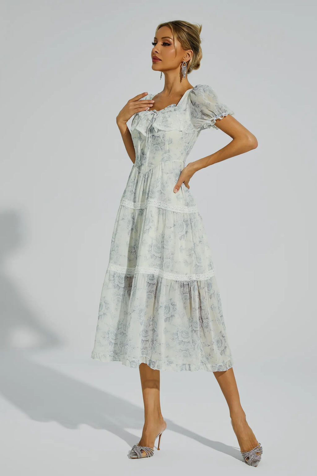 Frank White Flower Printed Midi Dress