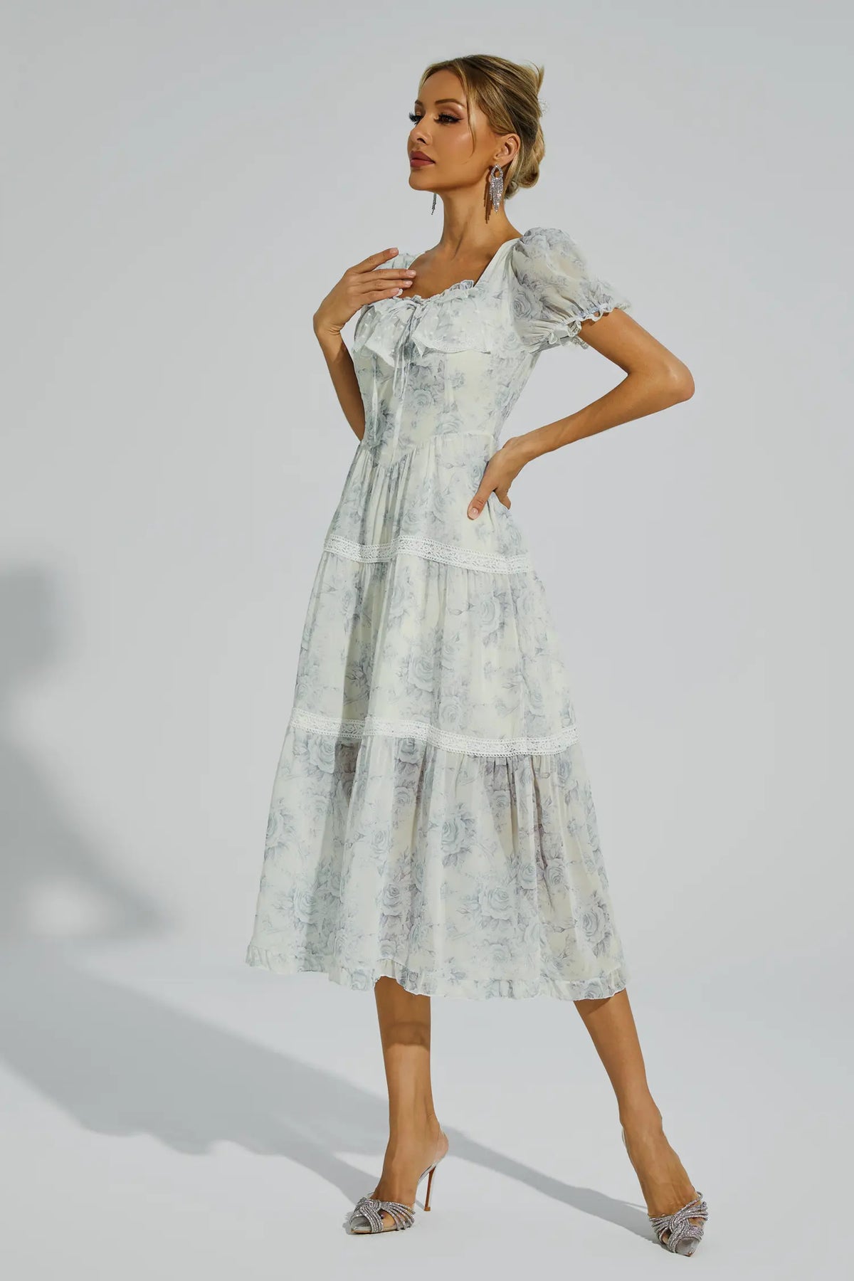 Frank White Flower Printed Midi Dress