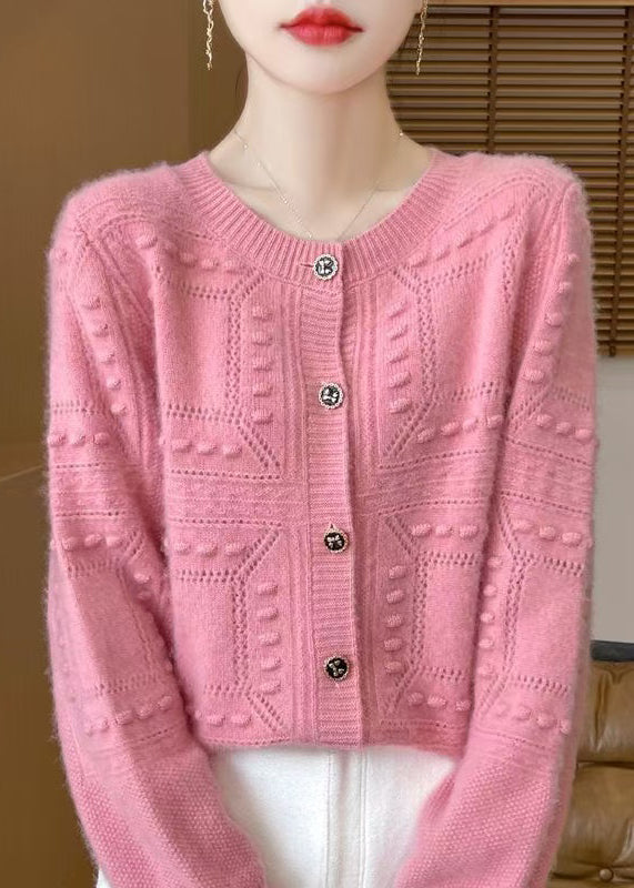 French Beige O Neck Jacquard Wool Cardigan Spring Tq021