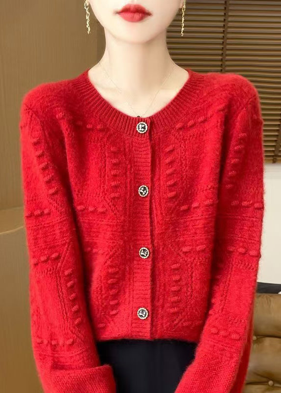 French Beige O Neck Jacquard Wool Cardigan Spring Tq021