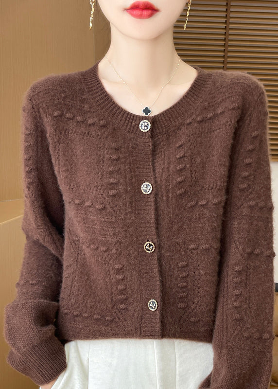 French Beige O Neck Jacquard Wool Cardigan Spring Tq021