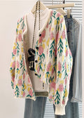 French Beige Oversized Jacquard Knit Cardigan Spring Tm035