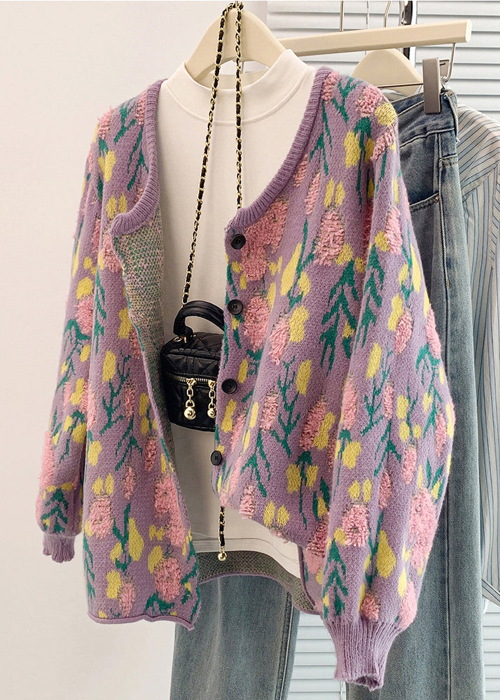 French Beige Oversized Jacquard Knit Cardigan Spring Tm035