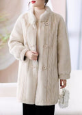 French Beige Stand Collar Button Pockets Mink Hair Coat Winter Rz008