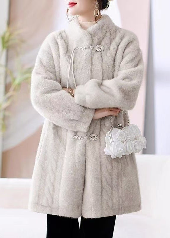 French Beige Stand Collar Button Pockets Mink Hair Coat Winter Rz008