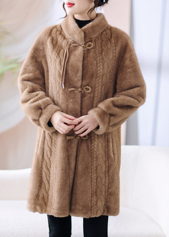 French Beige Stand Collar Button Pockets Mink Hair Coat Winter Rz008