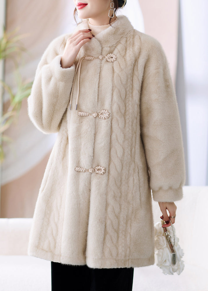 French Beige Stand Collar Button Pockets Mink Hair Coat Winter Rz008