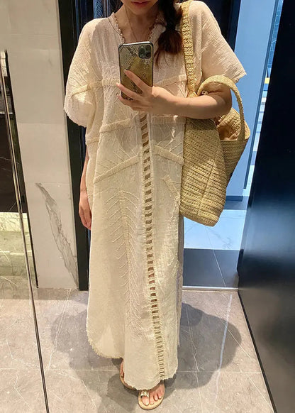 French Beige V Neck Hollow Out Cotton Long Dress Summer Cg1018