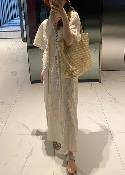 French Beige V Neck Hollow Out Cotton Long Dress Summer Cg1018