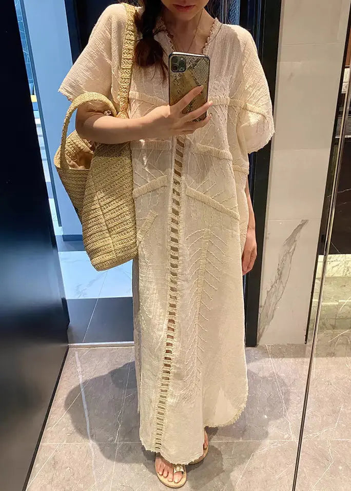 French Beige V Neck Hollow Out Cotton Long Dress Summer Cg1018