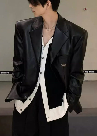 French Black Notched Button Faux Leather Coat Spring Rn033