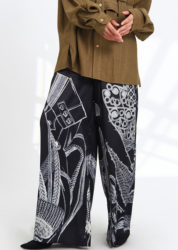 French Black Print Pockets Elastic Waist Silk Pants Spring As1052