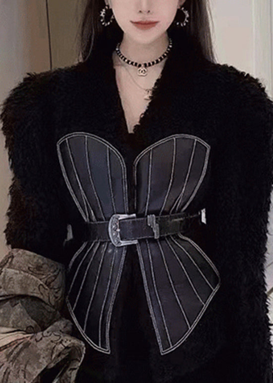 French Black V Neck Tie Waist Patchwork Leather and Fur Coats Spring Yy001
