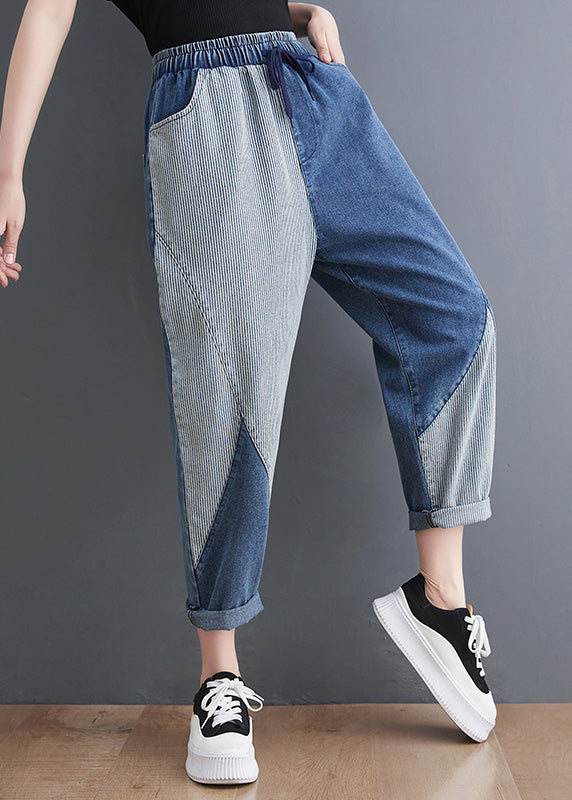 French Blue Asymmetrical Patchwork Drawstring Elastic Waist Denim Crop Pants Spring Ly0638