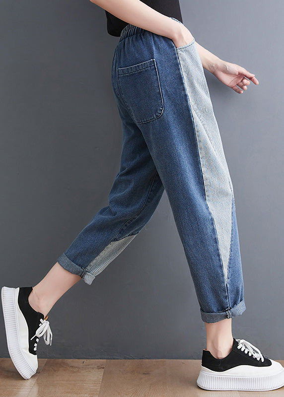 French Blue Asymmetrical Patchwork Drawstring Elastic Waist Denim Crop Pants Spring Ly0638