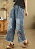 French Blue Embroidered Elastic Waist Denim Crop Pants Summer Qa1095