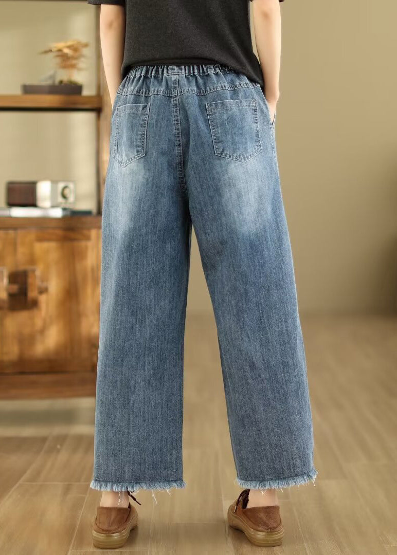 French Blue Embroidered Elastic Waist Denim Crop Pants Summer Qa1095