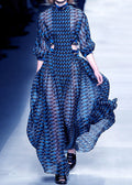 French Blue Hollow Out Print Chiffon Long Dresses Long Sleeve Ww1060
