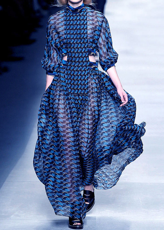 French Blue Hollow Out Print Chiffon Long Dresses Long Sleeve Ww1060