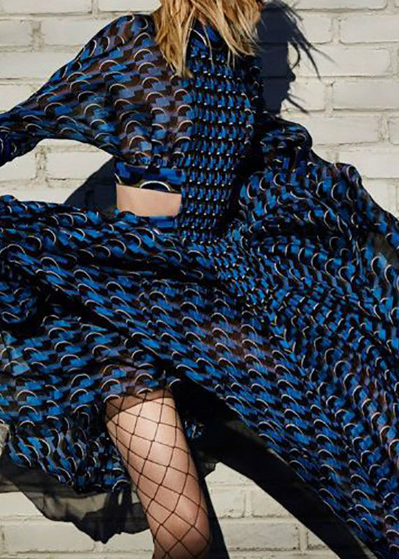 French Blue Hollow Out Print Chiffon Long Dresses Long Sleeve Ww1060