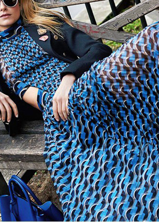 French Blue Hollow Out Print Chiffon Long Dresses Long Sleeve Ww1060