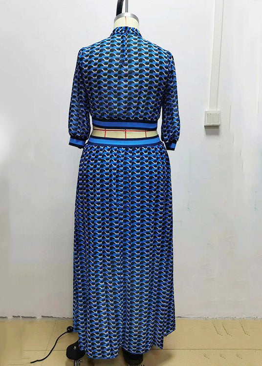 French Blue Hollow Out Print Chiffon Long Dresses Long Sleeve Ww1060
