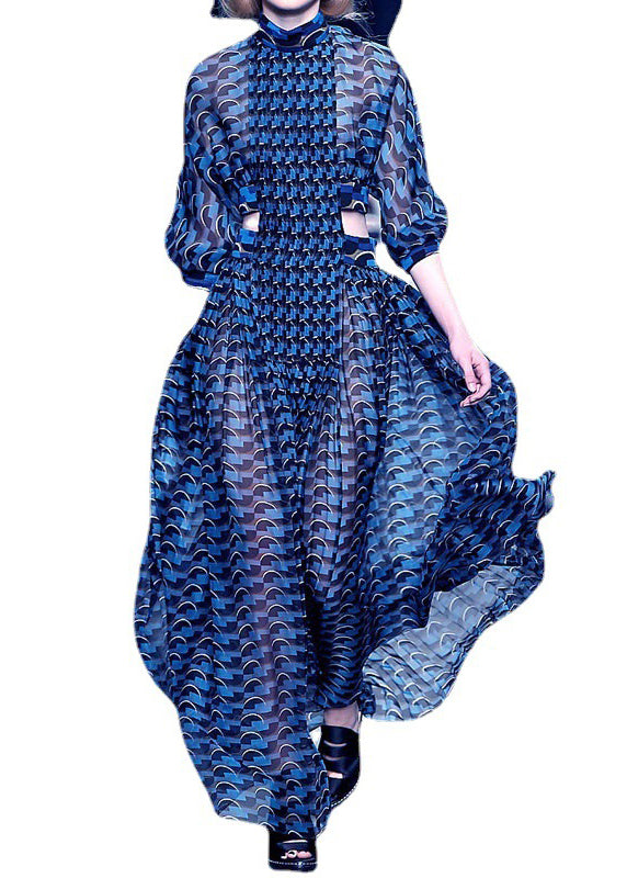 French Blue Hollow Out Print Chiffon Long Dresses Long Sleeve Ww1060