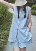 French Blue Tops and Shorts Linen Two Piece Set Summer Qk026