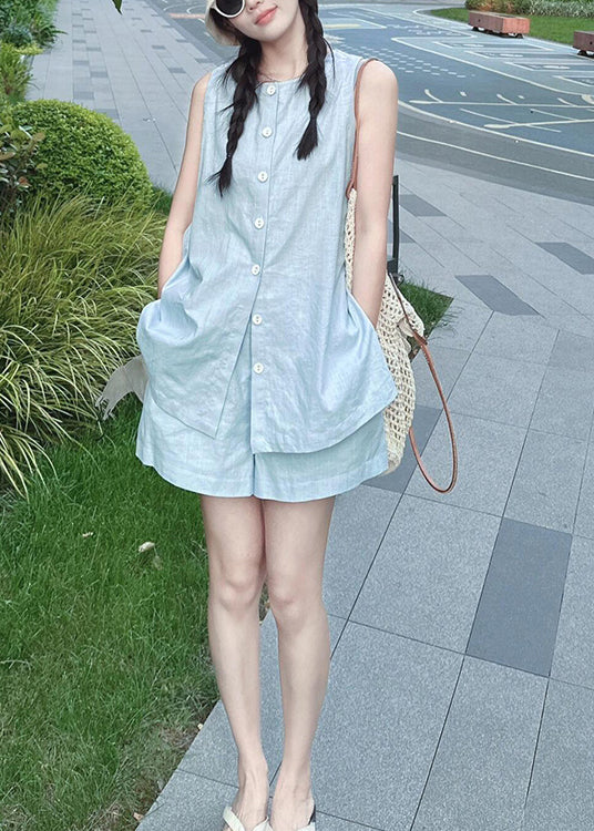 French Blue Tops and Shorts Linen Two Piece Set Summer Qk026