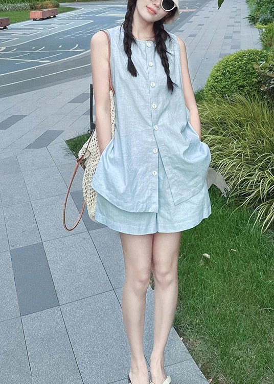 French Blue Tops and Shorts Linen Two Piece Set Summer Qk026