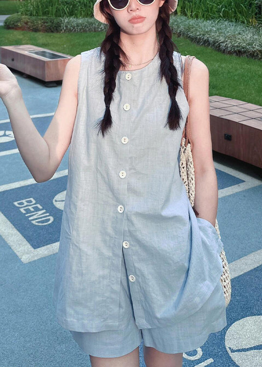 French Blue Tops and Shorts Linen Two Piece Set Summer Qk026