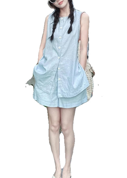 French Blue Tops and Shorts Linen Two Piece Set Summer Qk026