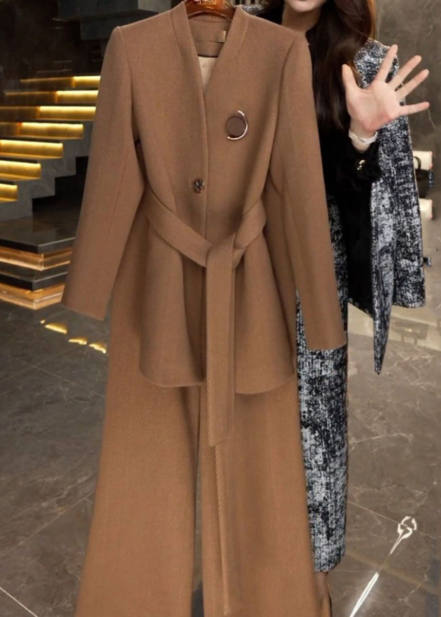 French Caramel Tie Waist Coats and Wide Leg Pants Two Piece Set Winter Rf045