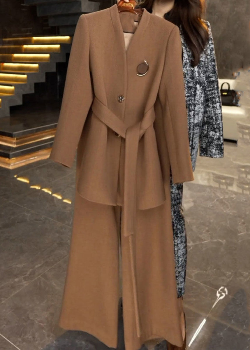 French Caramel Tie Waist Coats and Wide Leg Pants Two Piece Set Winter Rf045
