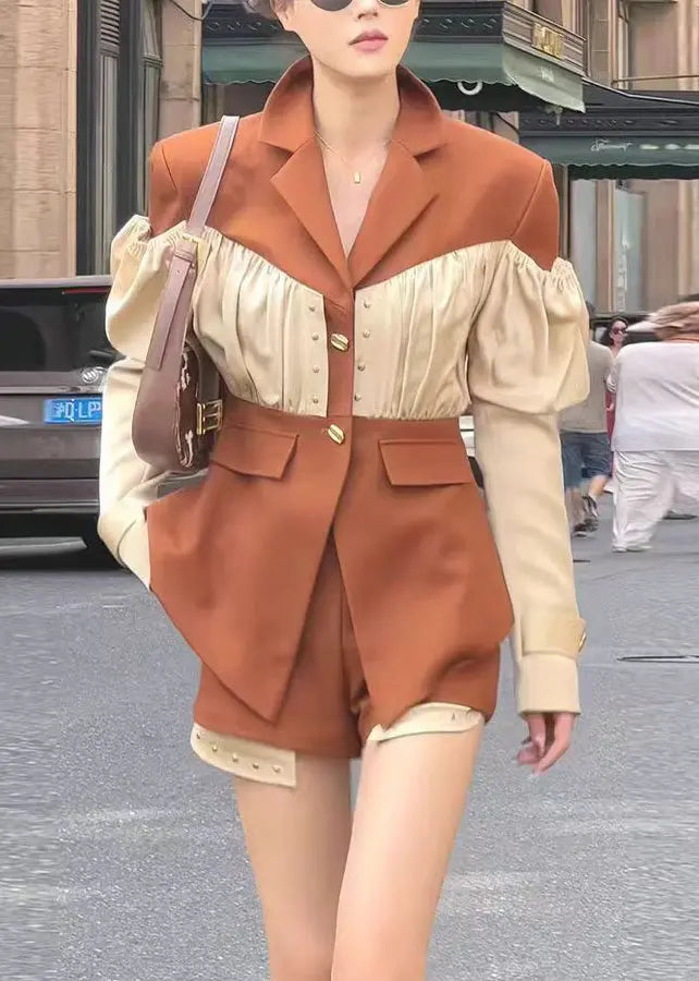 French Coffee Wrinkled Patchwork Coat and Shorts Two Pieces Spring Ha1013