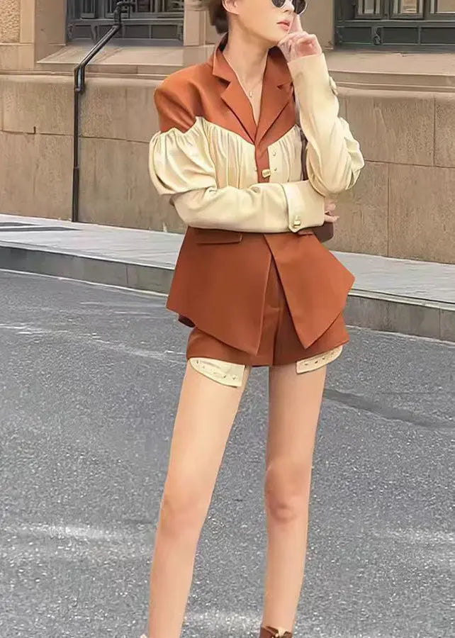 French Coffee Wrinkled Patchwork Coat and Shorts Two Pieces Spring Ha1013