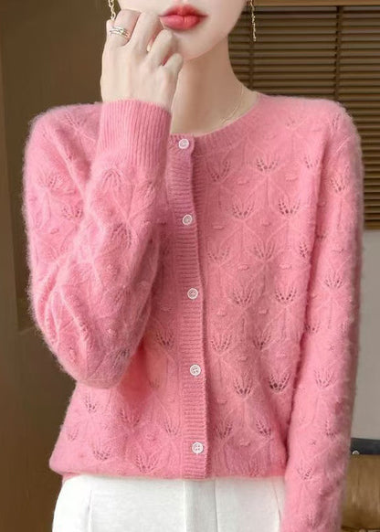 French Green O Neck Button Hollow Out Wool Cardigan Spring Tq007