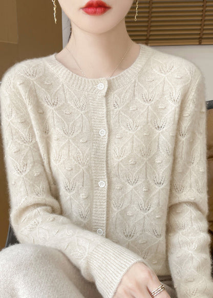French Green O Neck Button Hollow Out Wool Cardigan Spring Tq007