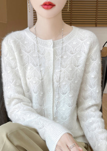 French Green O Neck Button Hollow Out Wool Cardigan Spring Tq007
