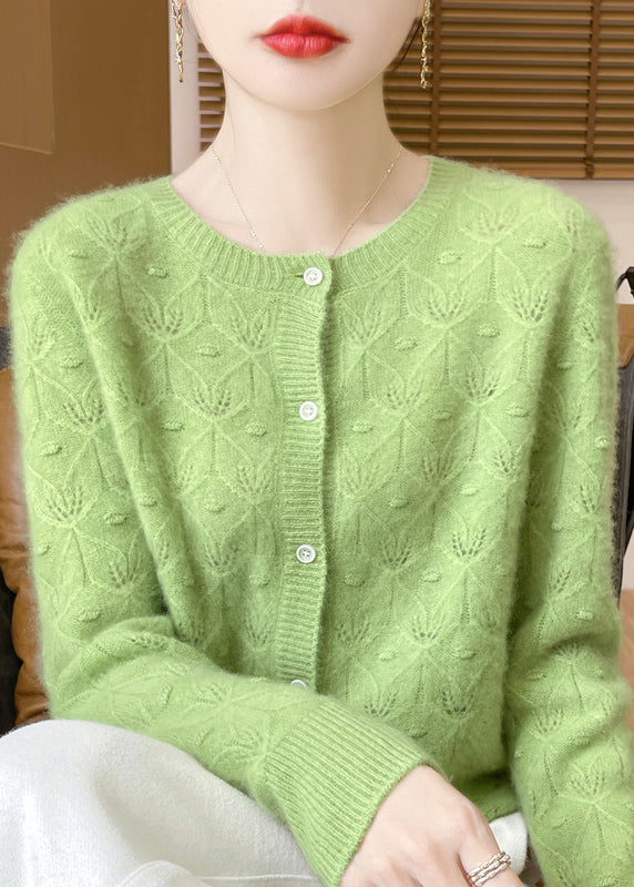 French Green O Neck Button Hollow Out Wool Cardigan Spring Tq007