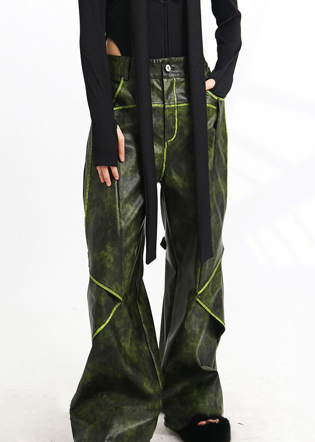 French Green Pockets High Waist Faux Leather Pants Spring As1011