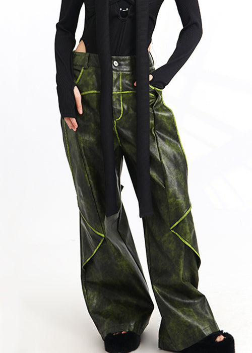 French Green Pockets High Waist Faux Leather Pants Spring As1011