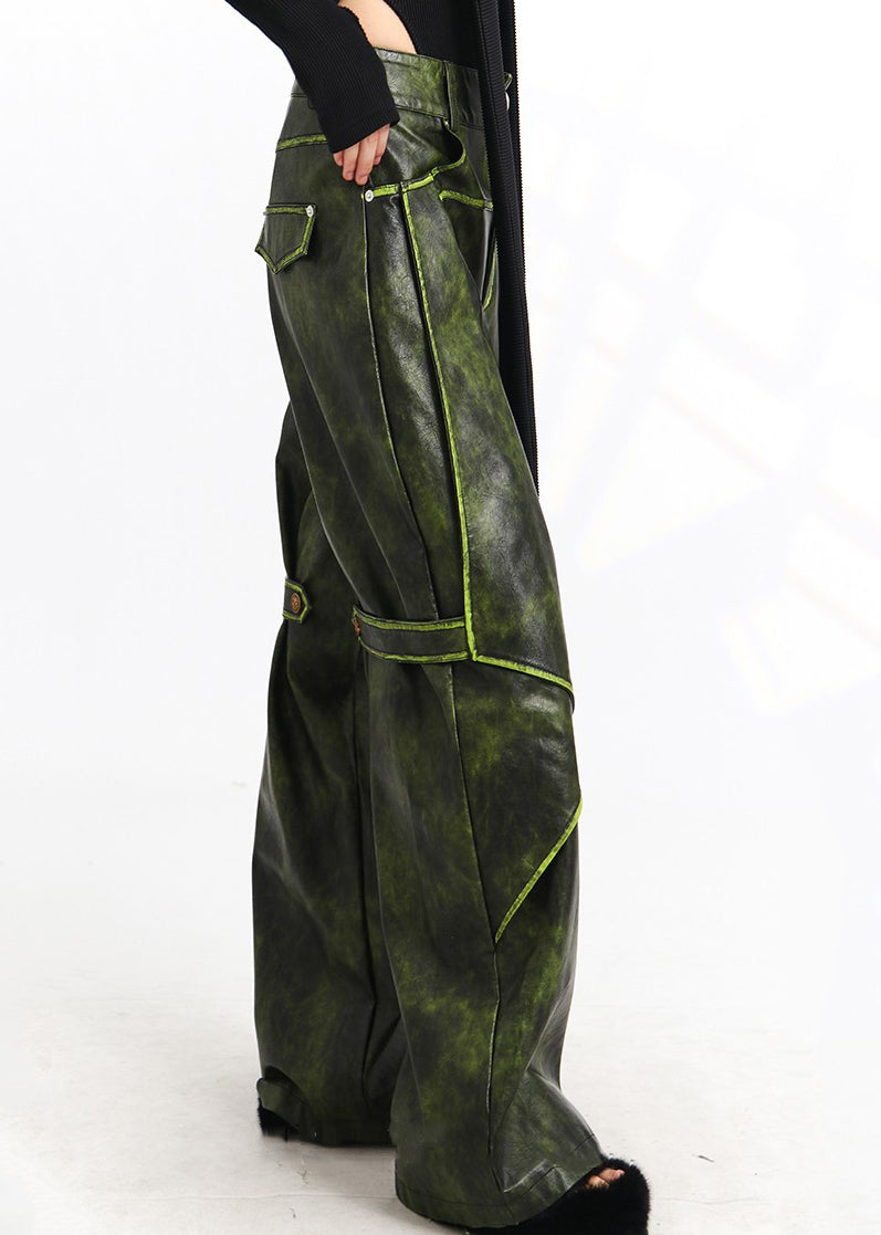 French Green Pockets High Waist Faux Leather Pants Spring As1011
